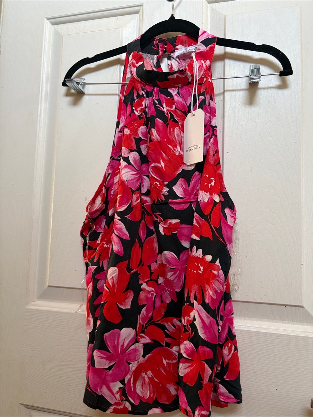 Love by Design Black Floral Halter Tank Top - Pink & Red